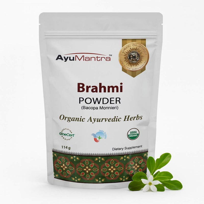 AyuMantra Brahmi Powder packaging with herbs on a white background