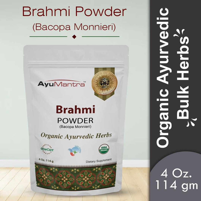 Package of AyuMantra Brahmi Powder with branding and product details on a light gray background.