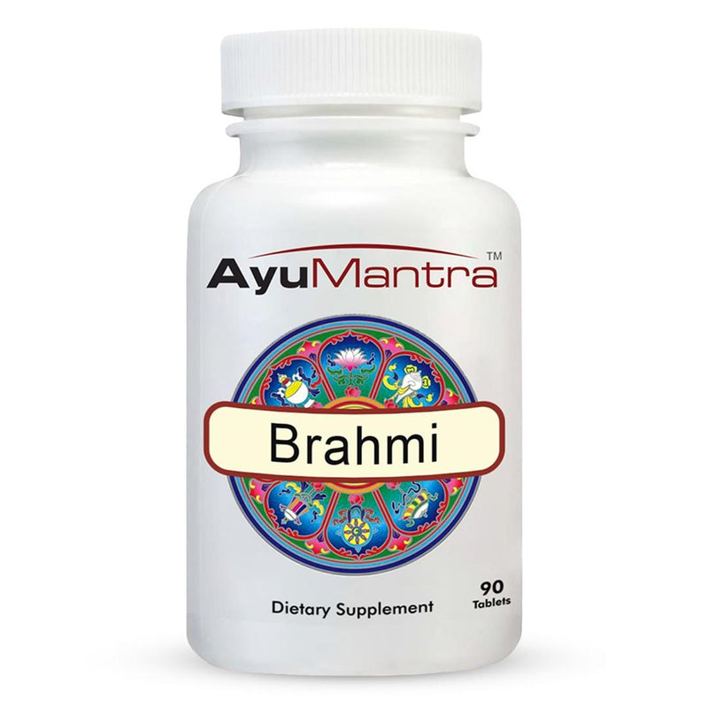Front view of Ayumantra Brahmi tablets dietary supplement bottle with 90 tablets.