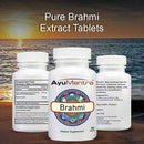 AyuMantra Brahmi dietary supplement bottles with a sunset over water background.