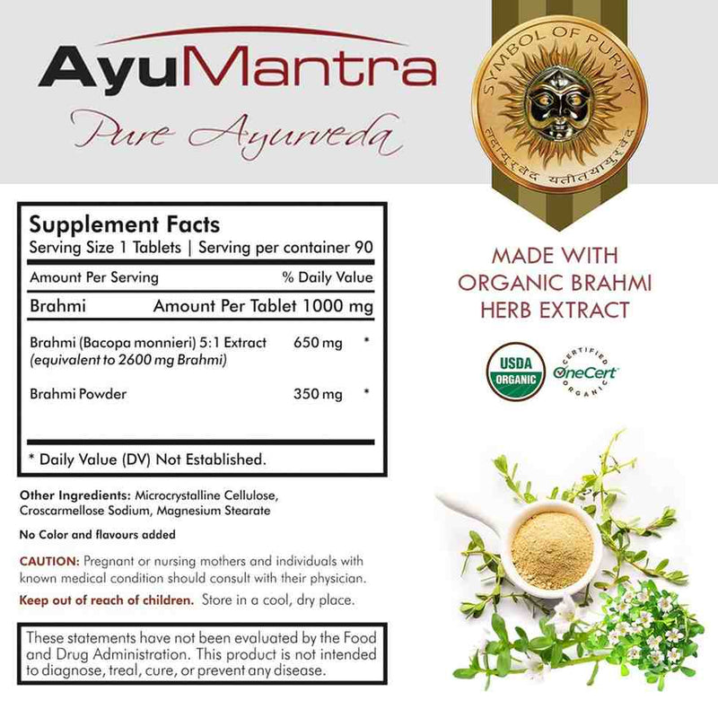 Supplement facts label for Ayumantra Brahmi tablets with organic brahmi extract, powder and herb.