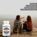 Ayurvedic supplement bottle labeled 'Brahmi' with two people sitting on a rock by a lake.