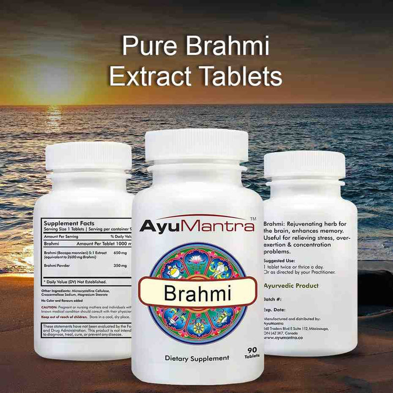 Three Ayumantra Brahmi tablets bottles showing front label and supplement facts by the ocean.