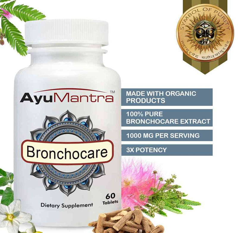 AyuMantra Bronchocare dietary supplement bottle with product details and natural elements.