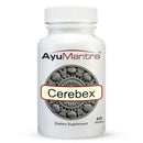 Front view of Ayumantra Cerebex tablets bottle with detailed circular brain design label on white background.