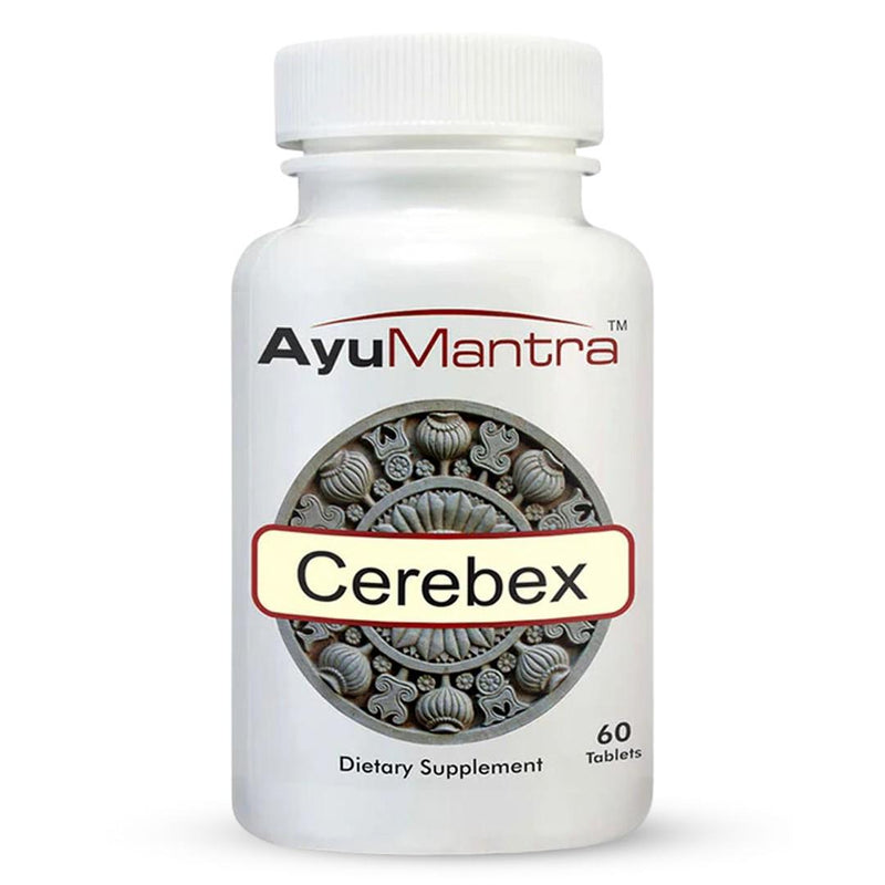 Front view of Ayumantra Cerebex tablets bottle with detailed circular brain design label on white background.