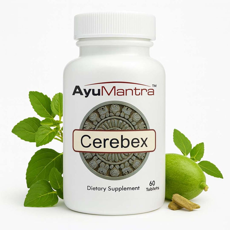 Ayumantra Cerebex tablets bottle with fresh green herbs, fruit, and powder showing the natural brain support formula.