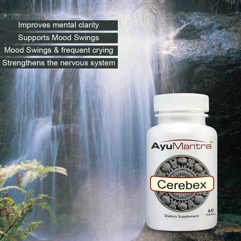 Ayumantra Cerebex tablets bottle near waterfall with text highlighting mental clarity, mood and nervous system support.