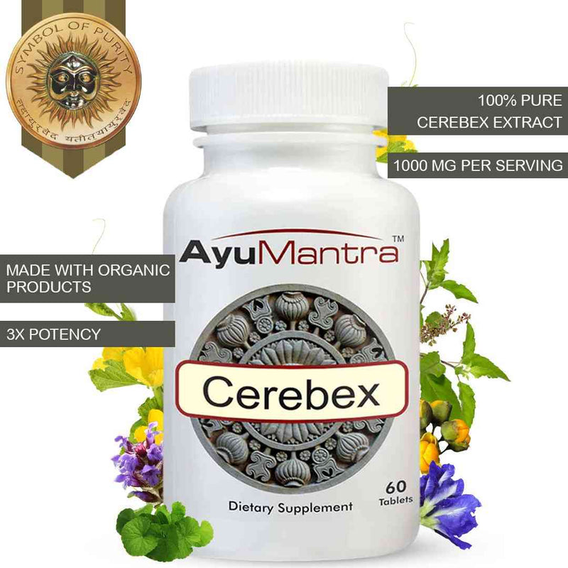Ayumantra Cerebex tablets bottle with purity badge and surrounding herbs promoting organic multi herb brain formula.