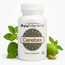 AyuMantra Cerebex dietary supplement bottle with green leaves and a fruit on a white background.