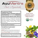 Supplement facts label for Ayumantra Cerebex tablets with organic multi herb extract images at the bottom right.