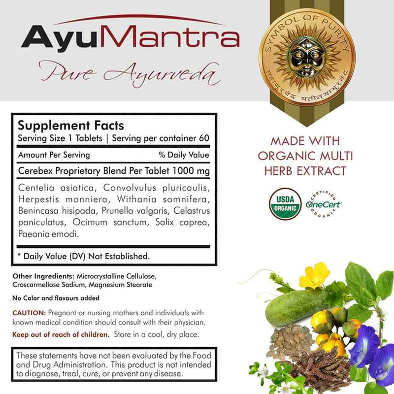Supplement facts label for Ayumantra Cerebex tablets with organic multi herb extract images at the bottom right.