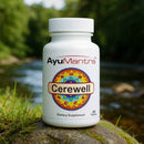 AyuMantra Cerewell dietary supplement bottle on a rock with a natural background.