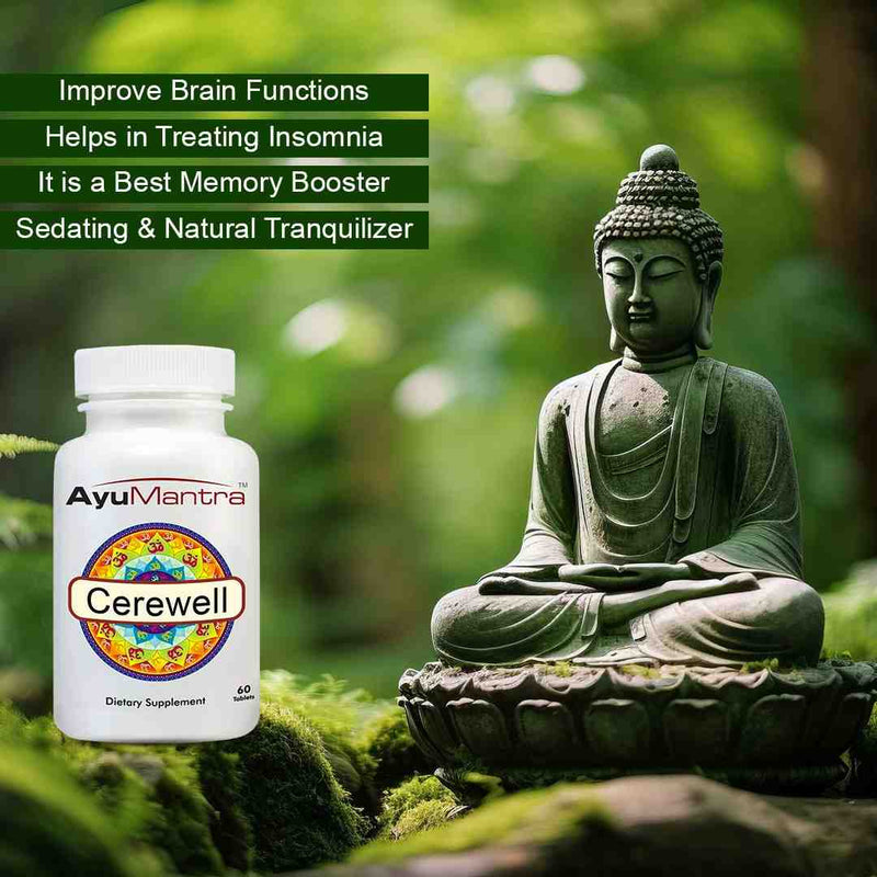 AyuMantra Cerewell supplement bottle with a statue of Buddha in a natural setting.