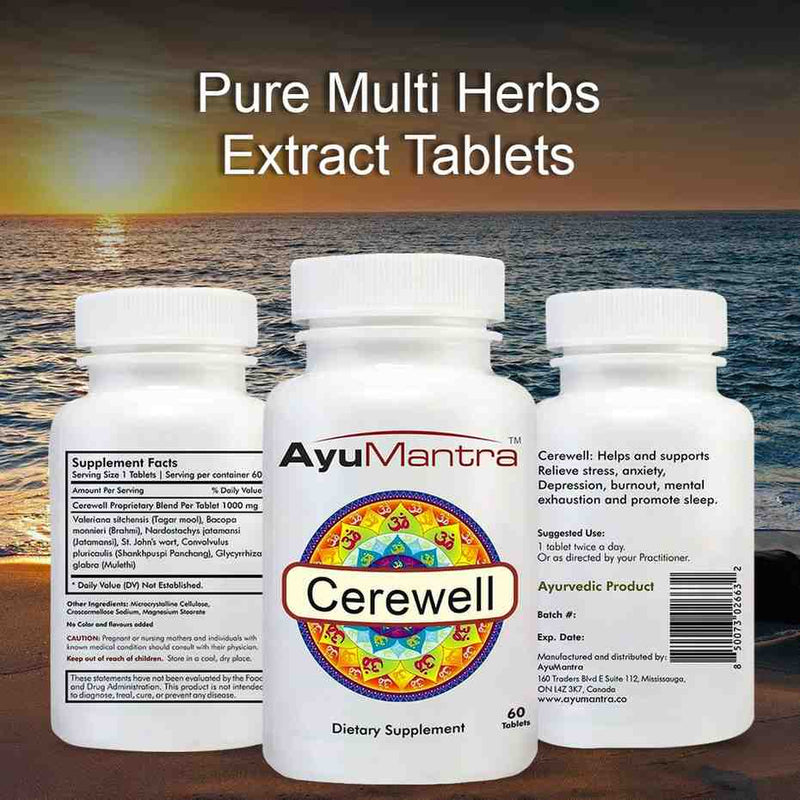 AyuMantra Cerewell dietary supplement bottles with a sunset over water background.