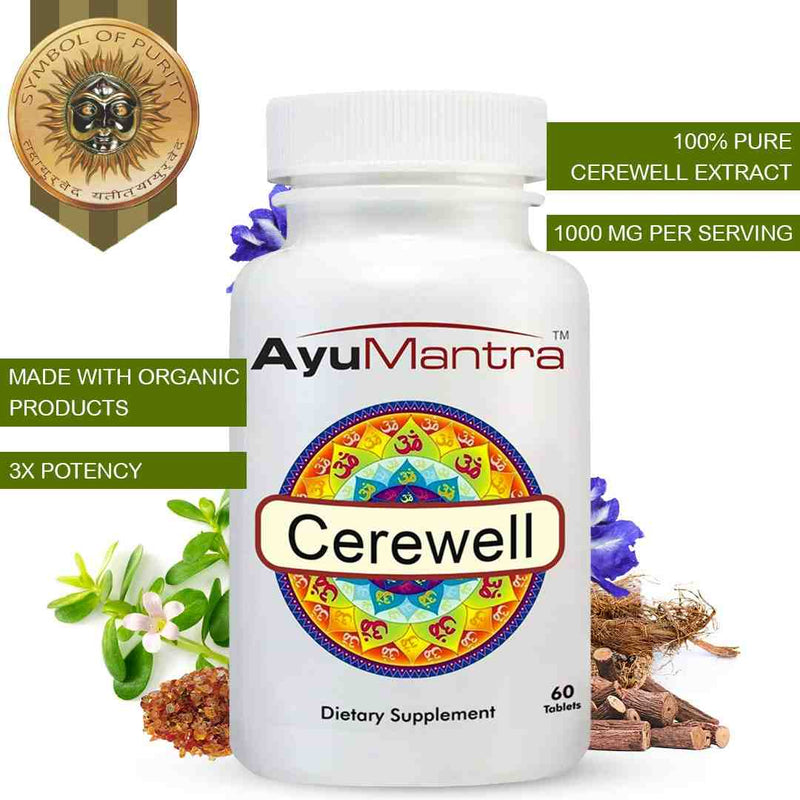 AyuMantra Cerewell dietary supplement bottle with natural elements and product details on a white background.
