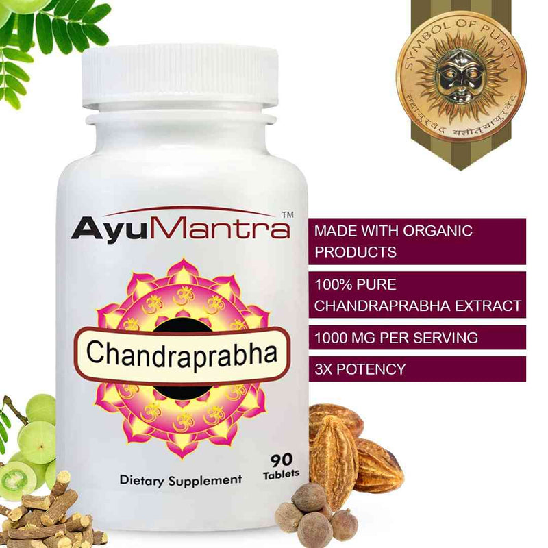 AyuMantra Chandraprabha dietary supplement bottle with product details on a white background.