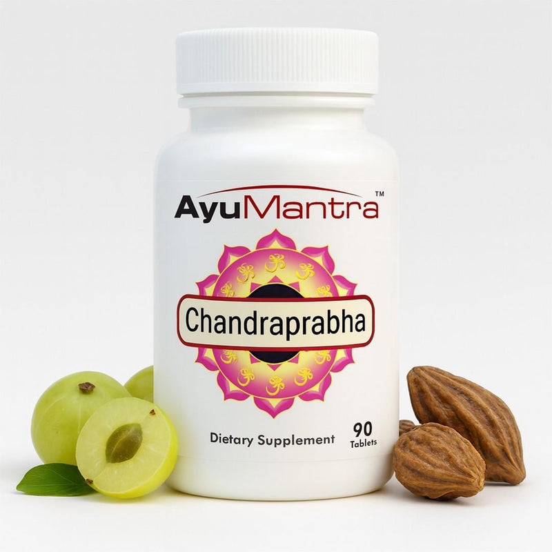 AyuMantra Chandraprabha dietary supplement bottle with ingredients on a white background.