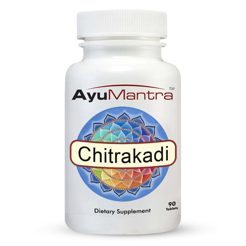 AyuMantra Chitrakadi dietary supplement bottle on a white background.