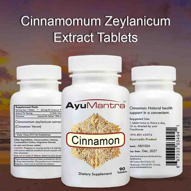 AyuMantra Cinnamon Zeylanicum Extract Tablets with sunset background