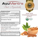 AyuMantra Pure Ayurveda supplement label with cinnamon extract and certification logos.