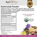 Ayurvedic Dadimastak Powder packaging with ingredients and certification logos.