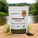AyuMantra Dadimastak Powder packaging with a natural background