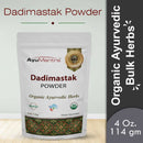 Package of AyuMantra Dadimastak Powder with branding and product details on a light background