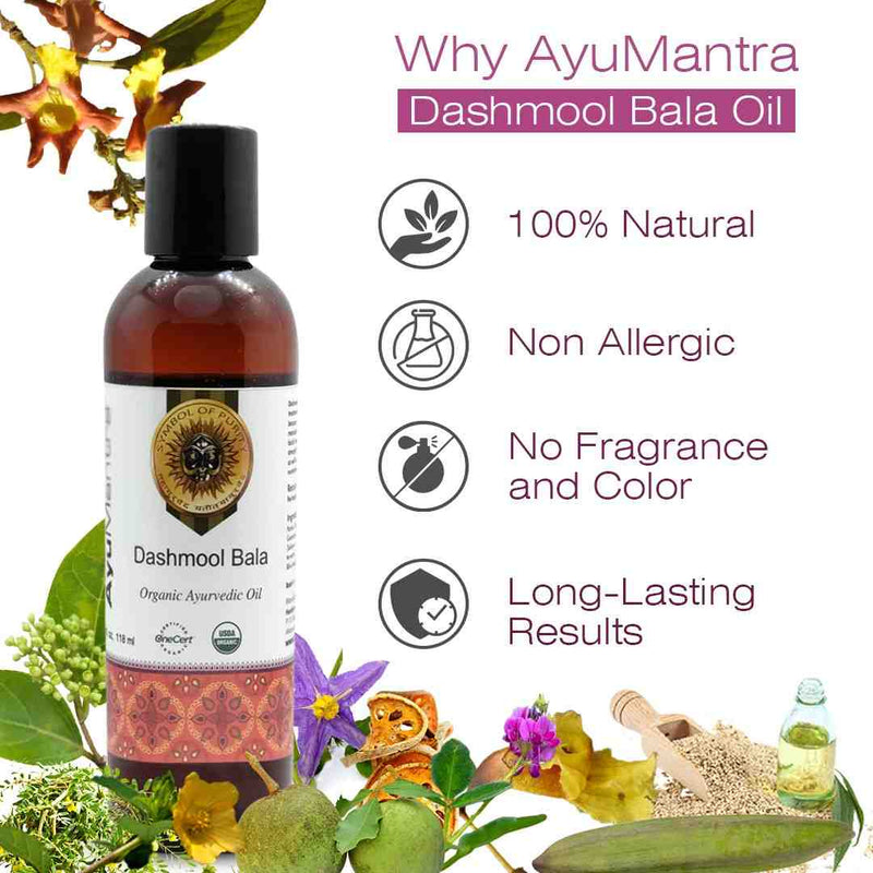 Ayurvedic oil bottle with natural ingredients and benefits on a white background