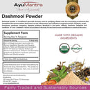 Ayurvedic Dashmool Powder packaging with supplement facts and organic certification logos.