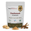 AyuMantra Dashmool Powder packaging with organic certification logos on a white background