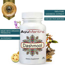 AyuMantra Dashmool dietary supplement bottle with decorative elements and text on a white background.