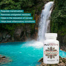 Ayurvedic supplement bottle with waterfall and pool in the background.