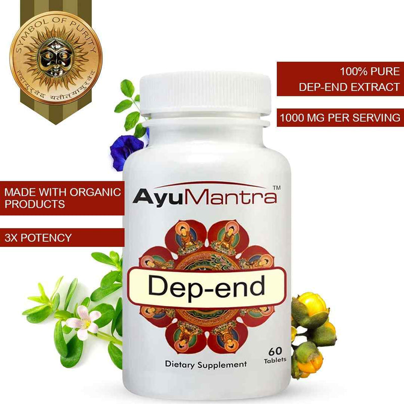AyuMantra Dep-end dietary supplement bottle with branding and product details on a white background. 