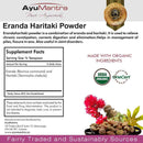 AyuMantra Erenda Haritaki Powder label with supplement facts and product details.
