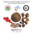 Organic herbal powder with certification logos and AyuMantra branding on a white background