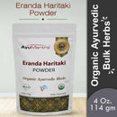Package of Erenda Haritaki Powder by AyuMantra on a light gray background