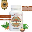AyuMantra Fenugreek dietary supplement bottle with packaging details on a white background.