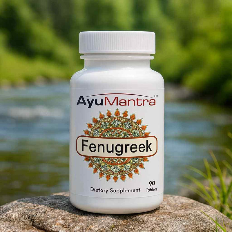 AyuMantra Fenugreek dietary supplement bottle on a rock with a natural background.