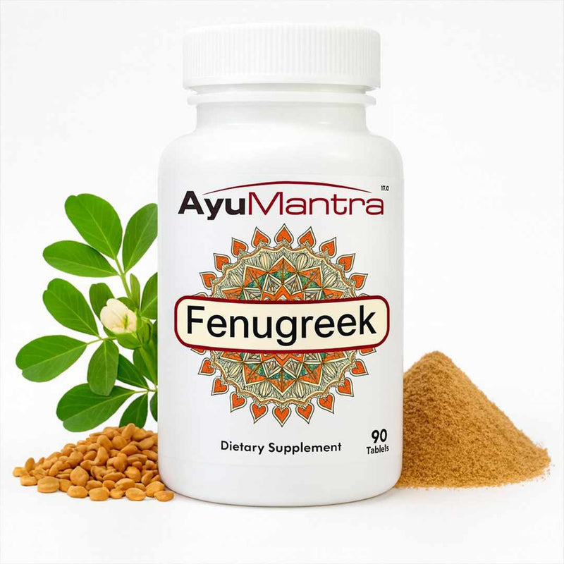 AyuMantra Fenugreek dietary supplement bottle with fenugreek seeds and powder on a white background.