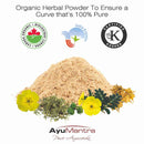 Organic herbal powder with certification logos and AyuMantra branding on a white background