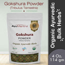 Package of Gokshura Powder by AyuMantra with branding and product details on a light gray background.