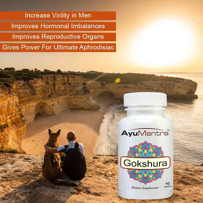 AyuMantra Gokshura Tablet bottle with benefits shown. 