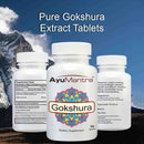 AyuMantra Gokshura dietary supplement bottles with mountainous background. 
