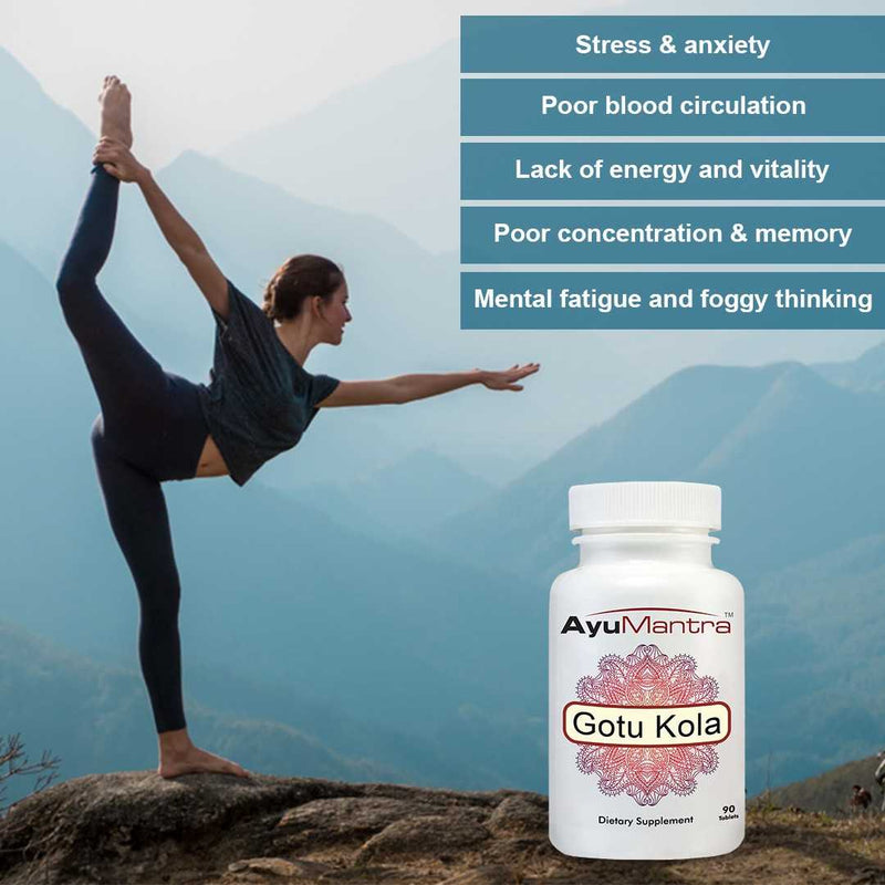 Woman in yoga pose with AyuMantra Gotu Kola supplement bottle against a mountainous background.