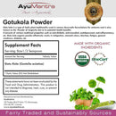 Label of AyuMantra Gotukola Powder with supplement facts and organic certification logos.