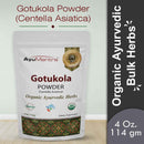 AyuMantra Gotukola Powder packaging with branding and product details on a light background