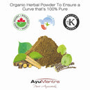 Organic herbal powder with certification logos and AyuMantra branding on a white background
