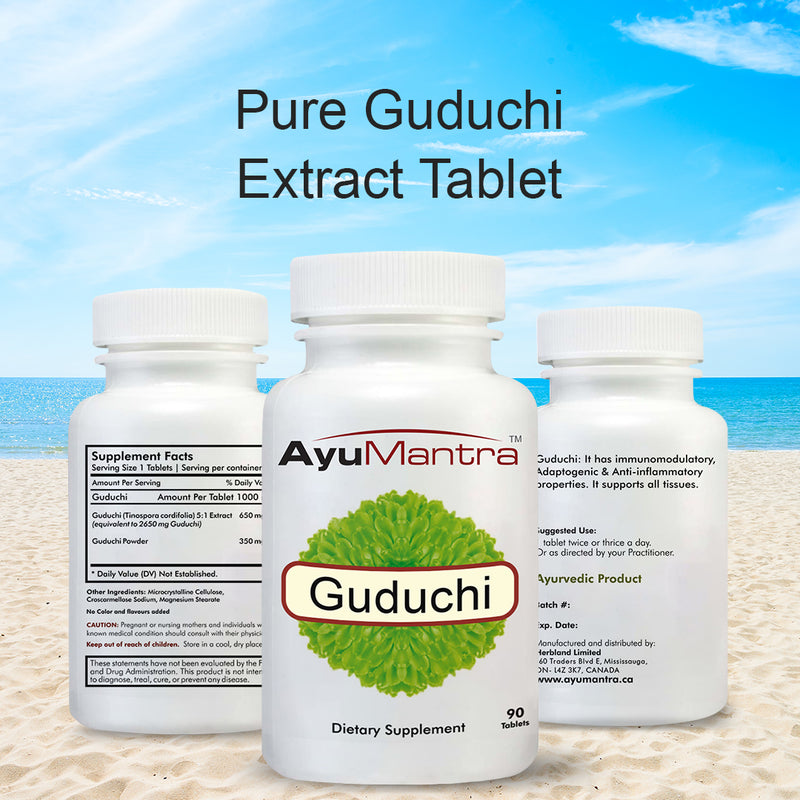 Three Guduchi bottles showing front & back labels with supplement facts over a bright beach background.