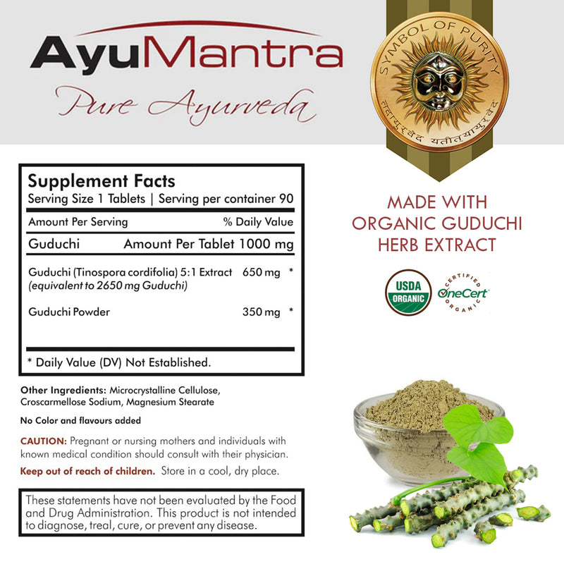 Guduchi supplement facts label with dosage information alongside guduchi stems, leaves, and a bowl of powdered herb.